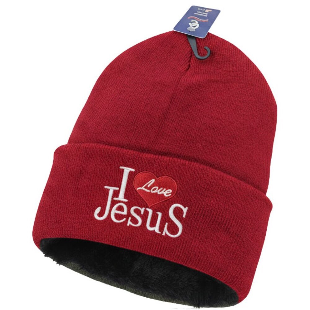 I Love Jesus Winter Hat Embroidered Skull Beanie Cap – Warm Lined, Red, NWT